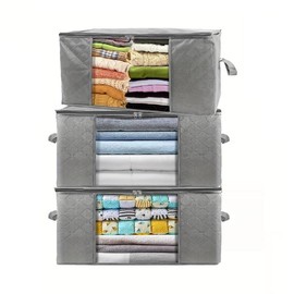 3/5pcs Tote Bag, Clothing Storage, Foldable Blanket Storage Bag for Organizing Bedroom Closet, Quilt, Storage and Storage with Lid and Handle - Color: grey-3pcs