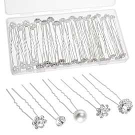 40 Pcs Wedding Bridal Hair Pins 5 Styles Silver Pearl Rhinestone Hairpins U Shape Rhinestone Flower Hairpins Decorative Crystal Hair Accessories Bobby Pins for Brides Bridesmaids Women Girls