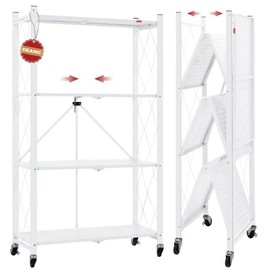 DEANIC 4 Tier Foldable Storage Shelves with Wheels, Large Capacity Shelving Unit, Freestanding Metal Wire Shelf Rack, No Assembly Organizer Rack for Garage Kitchen, Basement, Pantry(White)
