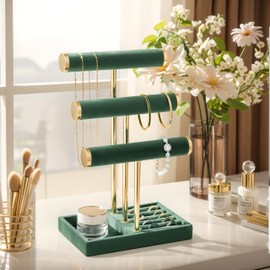 bussdis 3 Tier Bracelet Holder Display - Detachable T Bar Dark Green Velvet Bracelet Holder, Jewelry Holder Organizer for Bracelet, Necklace, Watches, Rings