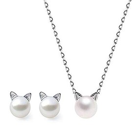 HORHEAR Lindo Conjunto de Joyas de Gato con Perlas Collar y Aretes para Mujer