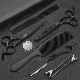 JASON Hair Cutting Scissors Set - Professional 10 PCS Haircut Scissors kit, Thinning Blender Scissors, Straight Shears with 30 Teeth for Men Women Home Salon Barber (6.5", Black) Christmas Gift