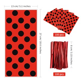 Lecpeting 100 Pcs Ladybug Treat Bags Red Black Polka Dots Cellophane Candy Bags Ladybug Party Favors with Twist Ties for Theme Birthday Party Supplies