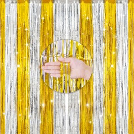 Anwyll Gold Silver Foil Tinsel Fringe Curtains Backdrop,2Pack Metallic Curtain Party Streamers Photo Backdrop for Party Decorations,Glitter Gold and Silver Backdrop for Birthday Bachelor Party Decor