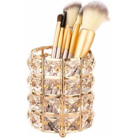 Crystal Makeup Brush Holder Organizer, Make up Brush Holder, Crystal Makeup Brush Holder European Style Rounded Crystal Glass Cosmetic Organizer for Eyeliner Eyebrow Pencils(Gold)
