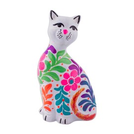 NOVICA Artisan Handmade Ceramic Figurine of Floral White Cat from Peru Sculpture Painted [3.9in H x 2.2in W x 1.6in D] ' Sweet Cat in White'