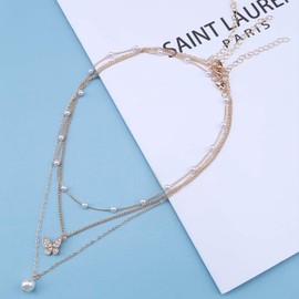Cimenexe Vintage Layered Pearl Pendant Necklace Crystal Butterfly Choker Necklace Bohemian Station Pearl Necklace Choker Gold Pearl Chain Necklace Jewelry for Women and Girls