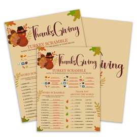 Thanksgiving 3-in-1 Game Card Set — Brown Turkey Theme for Fall & Thanksgiving Parties — 20 pcs 6" x 8" Cards and 1 piece x 4" x 6" Answer Card — Perfect for Family and Friends Gatherings - A03