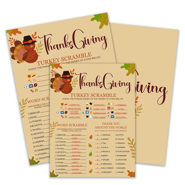 Thanksgiving 3-in-1 Game Card Set — Brown Turkey Theme for