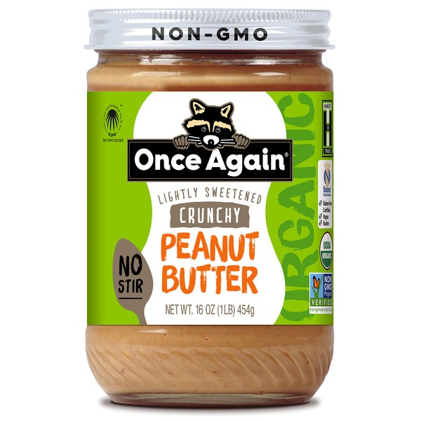Once Again Organic Crunchy Peanut Butter, 16oz - American Classic, No Stir - Lightly Sweetened & Salted - USDA Organic, Gluten Free Certified, Vegan, Kosher - Glass Jar