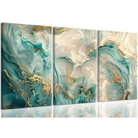 3Pcs Framed Teal White Marble Canvas Wall Art Abstract Marble Gold Foil Wall Decor Picture Modern Abstract Postres Prints for Living Room Bedroom Bathroom Office Artwork Home Decoration Ready to Hang