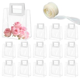 Qiuruoo 30 Pcs Clear Gift Bags with Handles, Transparent PVC Gift Bags with Ribbon, Reusable Plastic Boxes for Bridal Shower, Baby Shower, Wedding, Birthday (7 x 8 x 4 Inch,White)