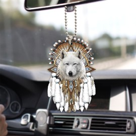 Talataca Native American Indigenous Us Indian Dreamcatcher White Wolf 2D Flat Car Rear View Mirror Accessories Christmas Tree Ornament Decoration Hanging Charm Interior Rearview Pendant Decor Gift
