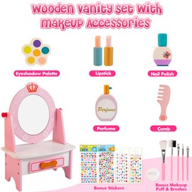 Wooden Vanity Set for Kids, Pretend Play Toddler Makeup Vanity with Acrylic Mirror, Beauty Salon Play Set for Little Girls Age 3+, Toys Gifts Includes Makeup Accessories and Bonus Stickers