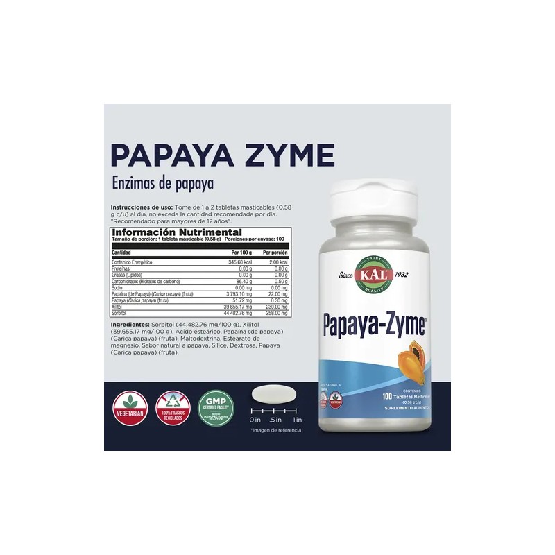 Kal Papaya-zyme Enzimas Digestivas 100 Masticables