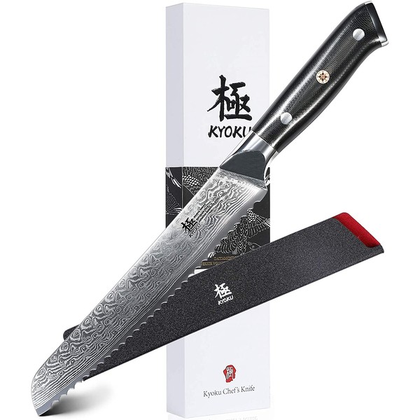 KYOKU Serrated Bread Knife - 8" - Shogun Series - Japanese VG10 Steel Core Damascus Blade - with Sheath & Case