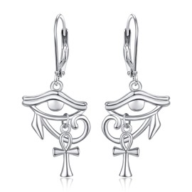 KINGWHYTE Eye of Horus Earrings 925 Sterling Sliver Ankh Leverback Cross Earrings Religion Vintage Jewelry Christians Egyptian Gifts for Women Men(Silver)