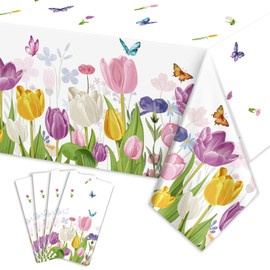Tulip Party Tablecloths Rectangle Flower Tablecloths Watercolor Tulip Table Cloth Butterfly Tablecloth for Tea Purple Butterfly Tulips Spring Birthday