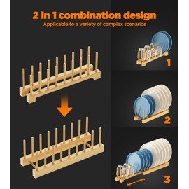 BusyePa Dish Rack, Flexible Bamboo Dish Drying Rack 2-Pack Pot Lid PlateStand Holder Adjustable Vertical Organizer Storage for Kitchen Cabinet Dish, Pot Lid, Bowl, Cup, Cutting Board