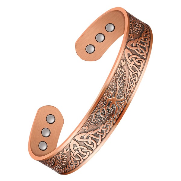 Feraco Copper Magnetic Bracelets for Men Women,99.99% Pure Copper Magnetic Field Therapy Bracelets with Tree of Life Pattern,Adjustable Cuff Bangle Jewelry