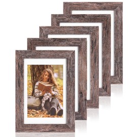 Fixwal 4x6 Picture Frames Set of 5, Rustic Brown Wood Grain with Tempered Real Glass, Vintage Photo Frames for Wall Decor Mounting and Tabletop Display