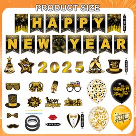 New Year's Eve Decoration 2025 XXL Set, Happy New Year Decoration, New Year's Eve Decoration with Garland, Foil Balloons, Latex Balloons, Photo Props, Streamers & Confetti Balloons for New Year's Eve