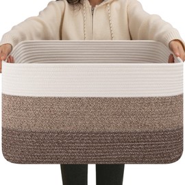 OIAHOMY Large Blanket Basket For Living Room, Rectangle Woven Baskets for Storage, Nursery Toy Storage With Handle-22”x17”x12”-Gradient Dark Brown