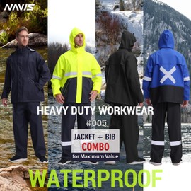 NAVIS MARINE Rain Suit for Men Heavy Duty Workwear Waterproof Jacket with Pants 3 Pieces (Black, Medium)