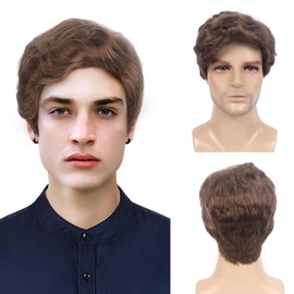 Reewes Men's Light Brown Wig Short Men's Wig Curly Men's Wig Layered Wave Wigs Natural Synthetic Full Wig for Men Daily Party Costs Cosplay Wear