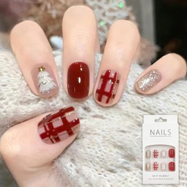 Christmas False Nails, 24PCS Fake Nails Press on Nails with Glue, Red White Silver Burgundy Short Square Acrylic Christmas Stick on Nails for Women Nail Art Decoration Accessories