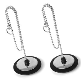 2 Pack Universal Sink Drain Plug 43mm Black Rubber Stopper with 40cm Stainless Steel Chain for Kitchen & Bathroom Sink Replacement