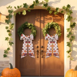 PartyforU Football Fall Wreath Sash - 2 Pcs Wreath Sashes for Autumn Front Door Home Decor, 60 Inch Orange Pumpkin Wreaths Sash with Maple Leaves for Farmhouse Porch
