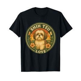 Retro Floral Shih tzu Dog Vintage Shih tzu Sunset Badge T-Shirt