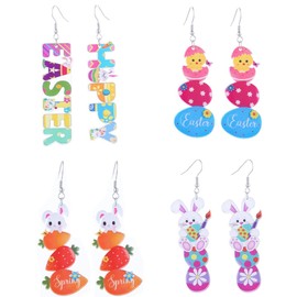 Pingyongchang 4 Pairs HAPPY EASTER Letter Acrylic Earrings for Women Cute Colorful Easter Rabbit Bunny Egg Carrot Chick Dangle Drop Earrings Spring Holiday Jewelry Gift