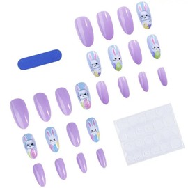 Easter Press on Nails Almond Fake Nails Full Cover Purple False Nails with Funny Bunny design Cute Glue on Nails Glossy Spring Stick on Nails for Women Girls DIY Art Manicure24pcs