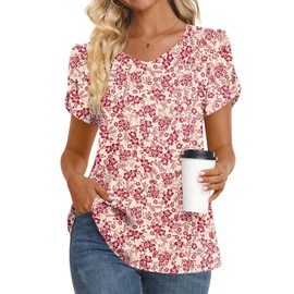 HOTGIFT Womens T Shirts 2025 Summer Tops Tunics Casual Short Sleeve V Neck Chiffon Blouse for Leggings Fl Red White Large