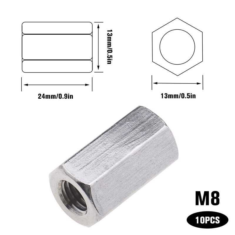 YINETTECH 10pcs Bolt Connector Set, Thread Straight Extension Hex Nut