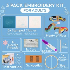 Fashhut 3 Sets Embroidery Kit with Tutorial Videos, Stamped Patterns – Hand Embroidery Kits for Kids and Adults, 1x Hoop, Needles and Threads | DIY Landscape Starter Embroidery Kit Cross Stitch Kit