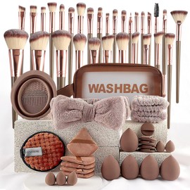 Makeup Brush Set for Foundation Concealer Eyeshadow and Travel, Include Make Up Brush, Sponge, 56PCS Brown