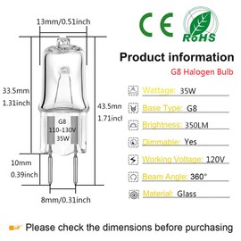 G8 Halogen Light Bulb 35W 120V T4 JCD Type G8 Bi-Pin Base (12 Pack) Dimmable G8 Xenon Bulbs for Kitchen Hood, Landscape Lights, Desk and Floor Lamps, Wall Sconces, Warm White 2700K