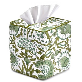 CPC Agate Green Hand Block Printed Cotton Tissue Box Cover 5" x 5" x 5.5" Square Soft Reusable Boho Napkin Holder for Home Kitchen Dining Bathroom Office Cafe Spa, Gift for Spring, Mother's Day