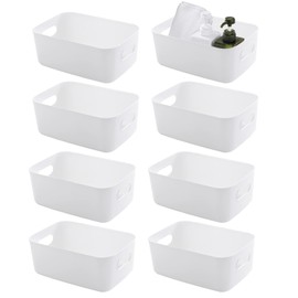 FEOOWV Small Plastic Storage Baskets, 8 Pack, White, Portable, Stackable, Multipurpose, BPA Free, Ideal for Pantry, Fridge, Closet, Bedroom, Office