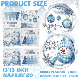 TEMYAXU Blue and White Christmas Decorations, 60Pcs Snowman Plates and Let It Snow Napkins Winter Plates and Napkins for Blue Christmas Decorations, Blue Christmas Plates for Winter Party Decorations