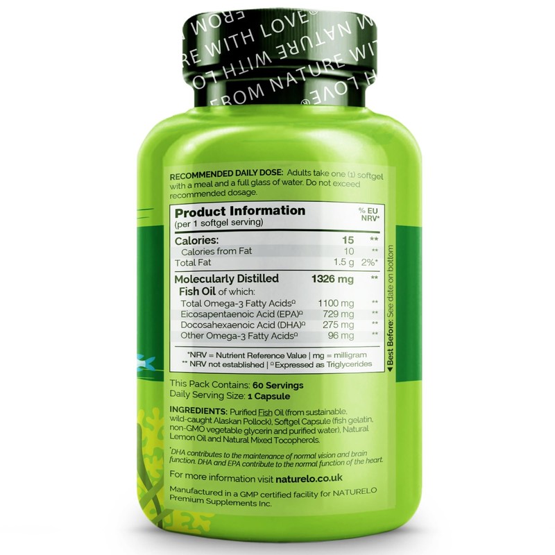 NATURELO Premium Fish Oil - 1100mg Triglyceride Omega-3 Per Capsule