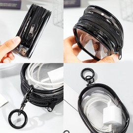 Foweroty PVC Storage Bag for Organizing Data Cables, Chargers, Earphone, Earbud Case, Keys, Clear Figure Display Bag with Keychain, Makeup Bag, Multi-functional Storage Box (1 pcs Black)