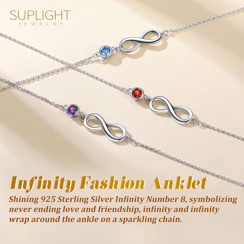 Suplight 925 Stelring Silver Infinity Anklet with Moonstone, Crystal Anklet
