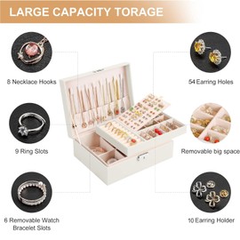 EASYLEE Jewelry Box Organizer, 2 Layers Jewelry Storage Case Lockable, PU Leather & Soft Lined Jewellery Holder for Necklace Earrings Rings Bracelets, Gift for Girlfriend Wife Women Lady Girl (White)