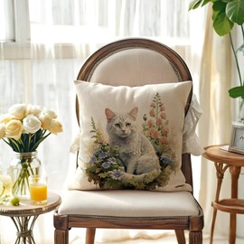 JAERUE Cat Decorative Throw Pillow Cover with Floral Farmhouse Decor Pillow Cases for Sofa Couch Porch Patio Spring Summer Cushion Covers,18 x 18 inches (Beige)
