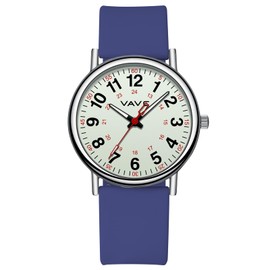 VAVC Waterproof Analog Nurse Watch for Nurses,Students,Medical Professionals,Women Men,with Luminouse Easy Read Dial,Military Time,Second Hand and 24 Hour,Comfortable Navy Blue Silicone Band.