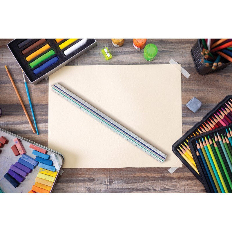 Better Office Products Triangular Ruler, 12 Inch Metal, Triple Sided